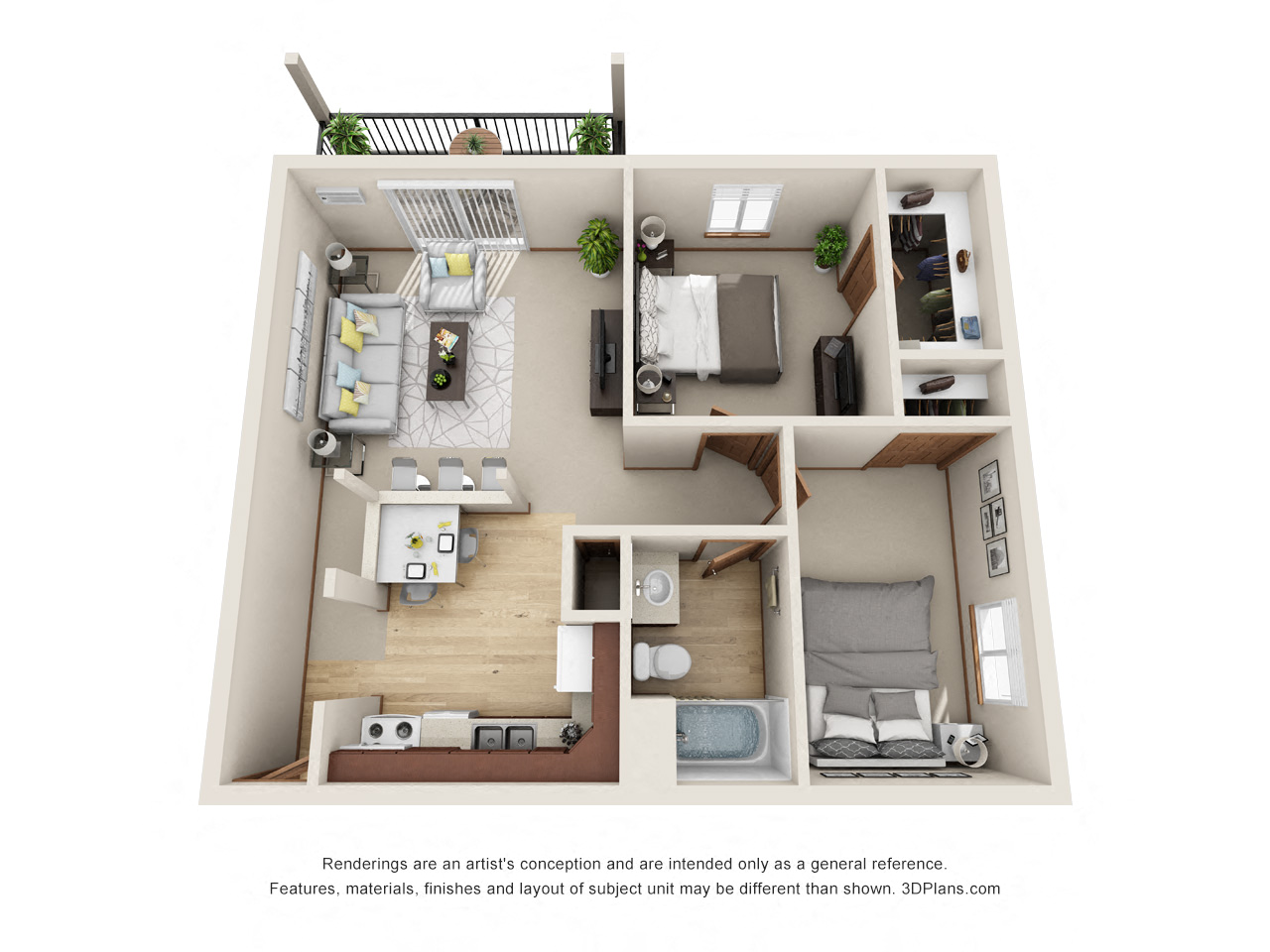 Floor plan for 2 beds, 1 bath, 748 sqft